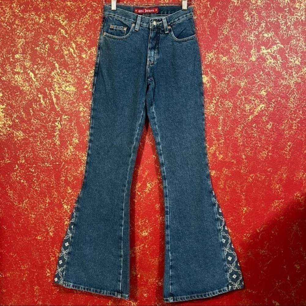DFX  Divine Hippie Bohemian Boho Funky Flare High Rise Vintage Denim Jeans 1 25